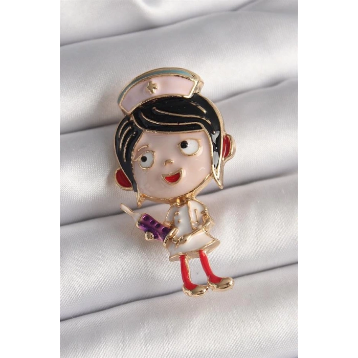 Pirinç Gold Renk Renkli Hemşire Model Kadın Broş