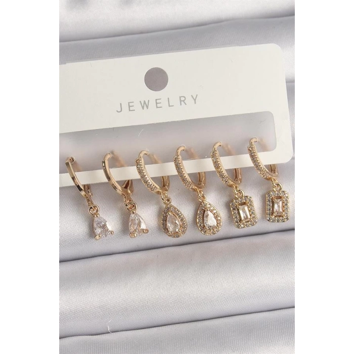 Pirinç Gold Renk Sallantı Zirkon Taşı Damla Model Kadın Küpe Seti