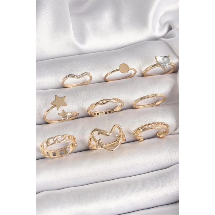 Pirinç Gold Renk Zirkon Taş Detaylı Kalp Yıldız Figür Kadın Yüzük Kombini