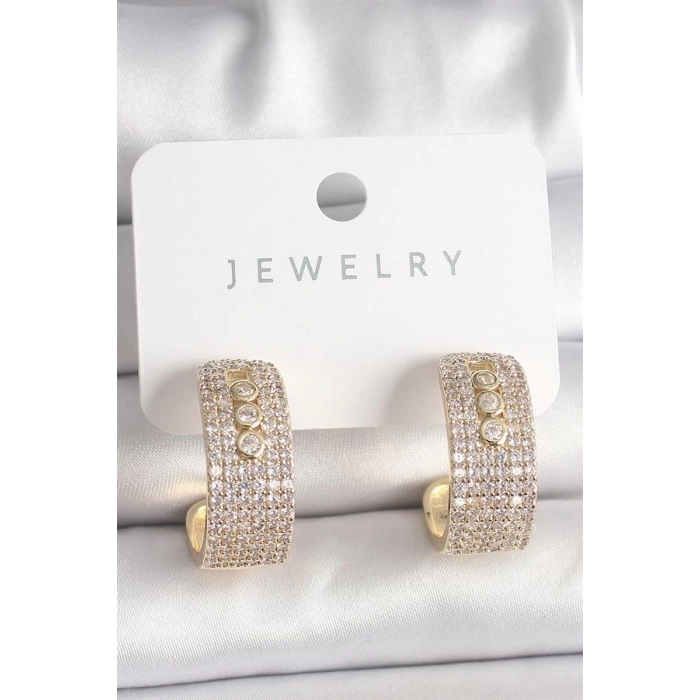 Pirinç Gold Renk Zirkon Taşlı Halka Messika Model Kadın Küpe