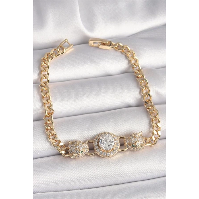 Pirinç Gold Renk Zirkon Taşlı Leopar Figür Zincir Model Kadın Bileklik
