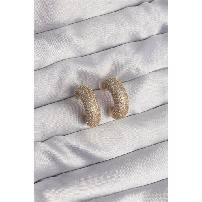 Pirinç Gold Renk Zirkon Taşlı Yarım Halka Küpe