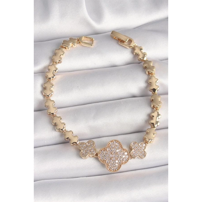 Pirinç Gold Renk Zirkon Taşlı Yonca Model Zincir Kadın Bileklik