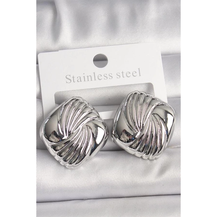 Pirinç Gümüş Renk İşlemeli Kare Model Kadın Küpe