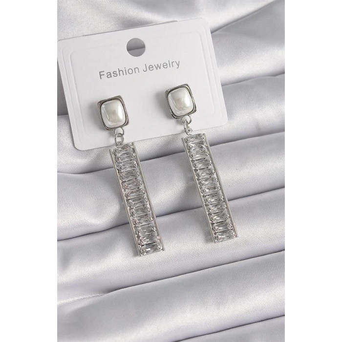 Pirinç Gümüş Renk Kare İnci Zirkon Taşlı Su Yolu Model Kadın Küpe