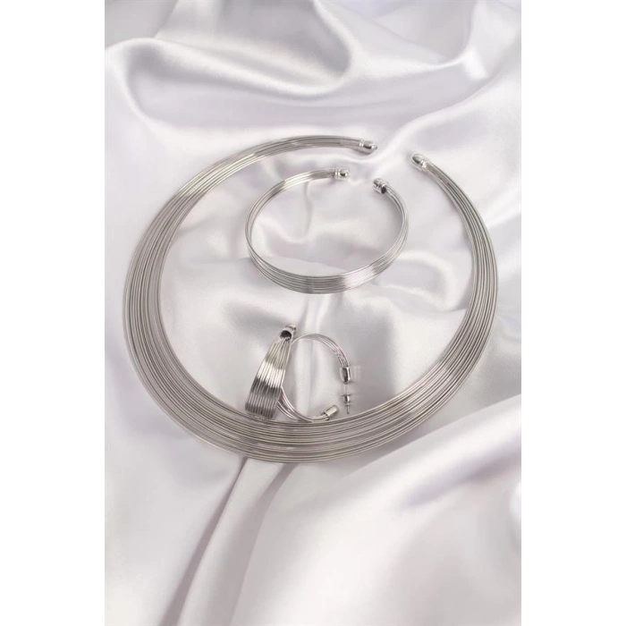 Pirinç Gümüş Renk Kolye Küpe Bileklik Seti