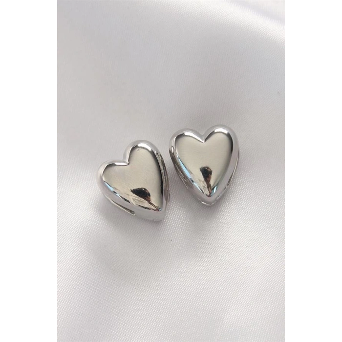 Pirinç Gümüş Renk Minimal Bombeli Kalp Küpe