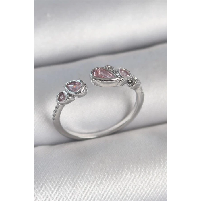 Pirinç Gümüş Renk Pembe Damla Zirkon Taşlı Ayarlanabilir Model Kadın Yüzük