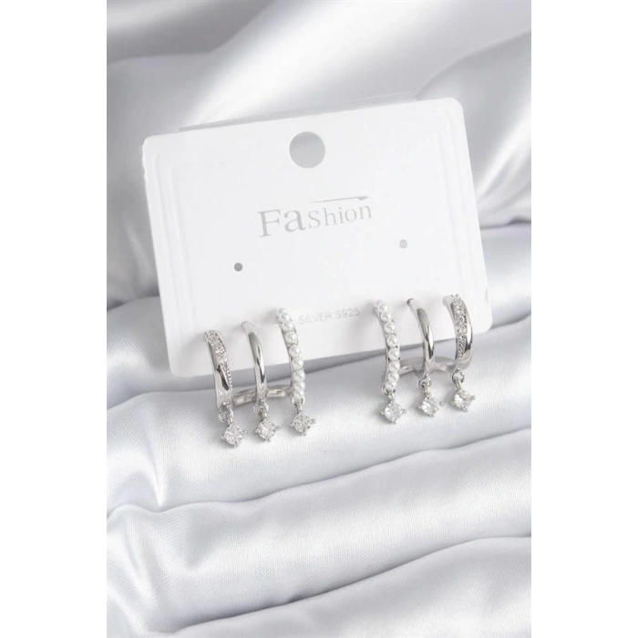 Pirinç Gümüş Renk Zirkon Taş Detay İncili Kadın Küpe