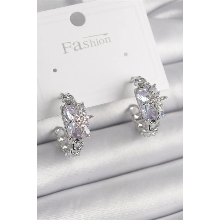 Pirinç Gümüş Renk Zirkon Taşlı Kutup Yıldız İşleme Detay Kadın Küpe