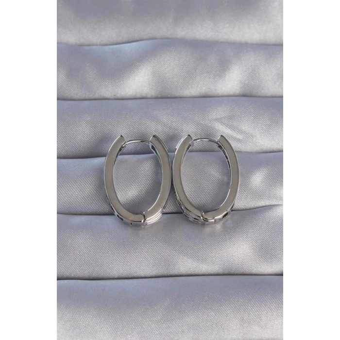 Pirinç Gümüş Renk Zirkon Taşlı Oval Model Küpe