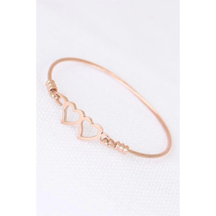 Rose Çelik Çift Kalp Figürlü Erkek Kelepçe Bileklik