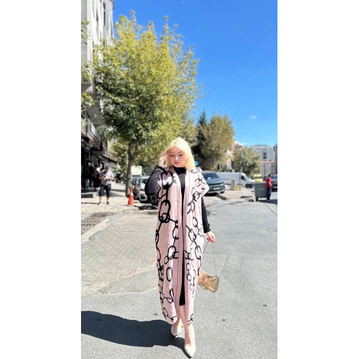 Siyah çizgi desenli elbiseli hırka takım pudra siyah