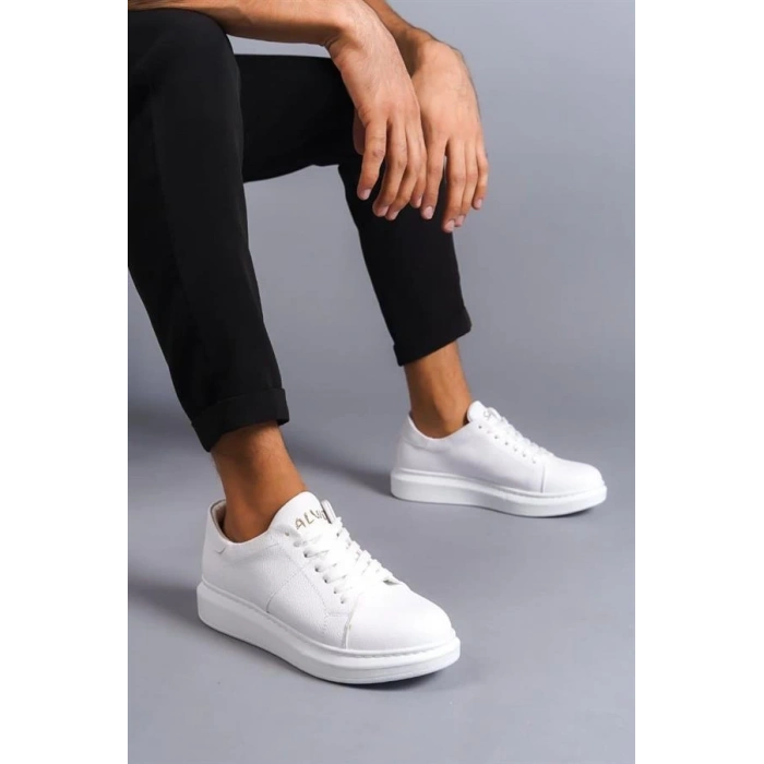 SLW151 Boost Bağcıklı Cilt Erkek Günlük Sneaker Ayakkabı CBT - Beyaz