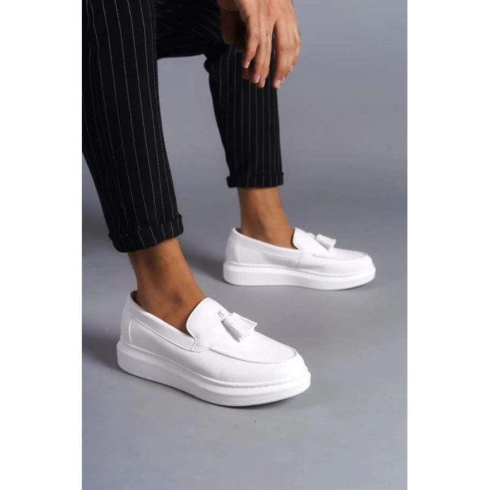 SLW154 Blaze Bağcıksız Püsküllü Cilt Erkek Günlük Spor Klasik Ayakkabı CBT - Beyaz