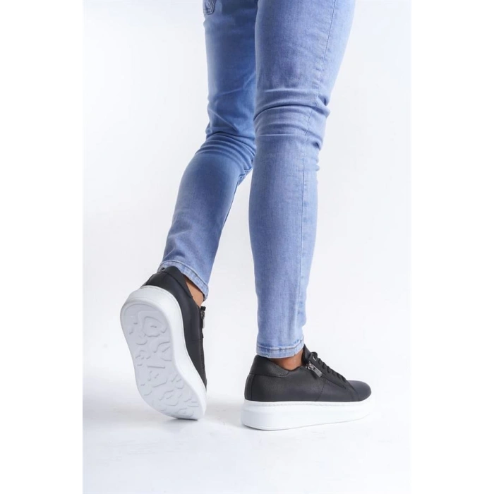 SLW155 Warrior Bağcıklı ve Fermuarlı Cilt Erkek Günlük Sneaker Ayakkabı CBT - Siyah