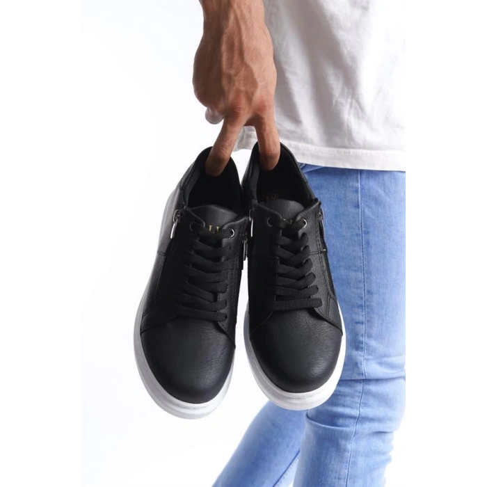 SLW155 Warrior Bağcıklı ve Fermuarlı Cilt Erkek Günlük Sneaker Ayakkabı CBT - Siyah