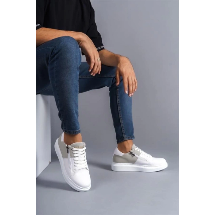 SLW155 Warrior Bağcıklı ve Fermuarlı Cilt Süet Erkek Günlük Sneaker Ayakkabı CSBT - Beyaz/Gri