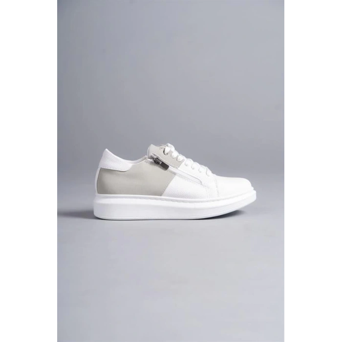 SLW155 Warrior Bağcıklı ve Fermuarlı Cilt Süet Erkek Günlük Sneaker Ayakkabı CSBT - Beyaz/Gri