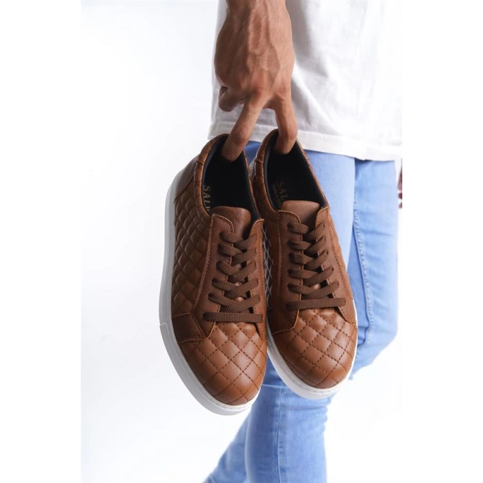 SLW166 Prestige Bağcıklı Cilt Kapitone Desenli Erkek Günlük Sneaker Ayakkabı CBT - Taba