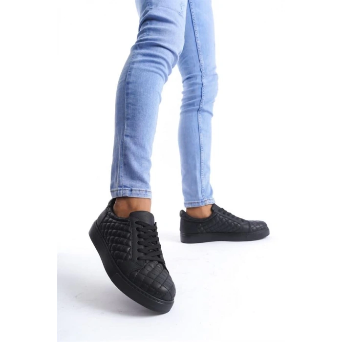 SLW166 Prestige Bağcıklı Cilt Kapitone Desenli Erkek Günlük Sneaker Ayakkabı CST - Siyah