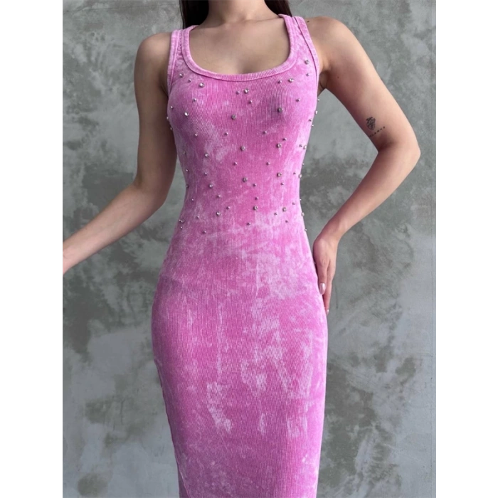 Taşlı askılı elbise