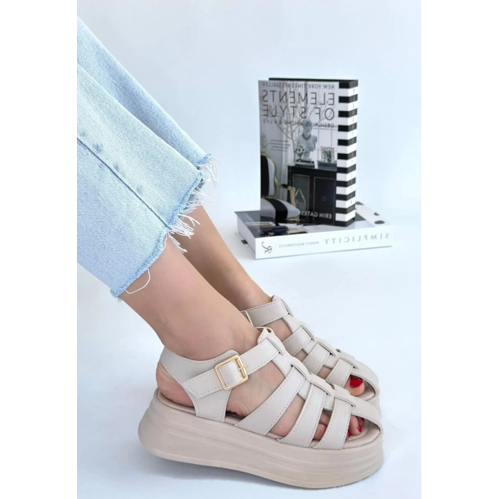 Toten Bej Cilt Kemerli Sandalet