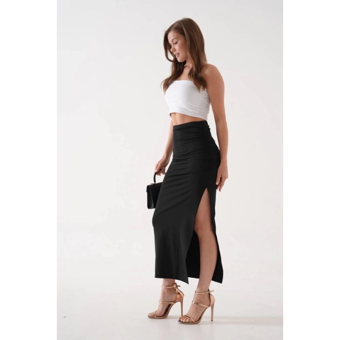 Uzun yırtmaçlı ince kumaş etek siyah