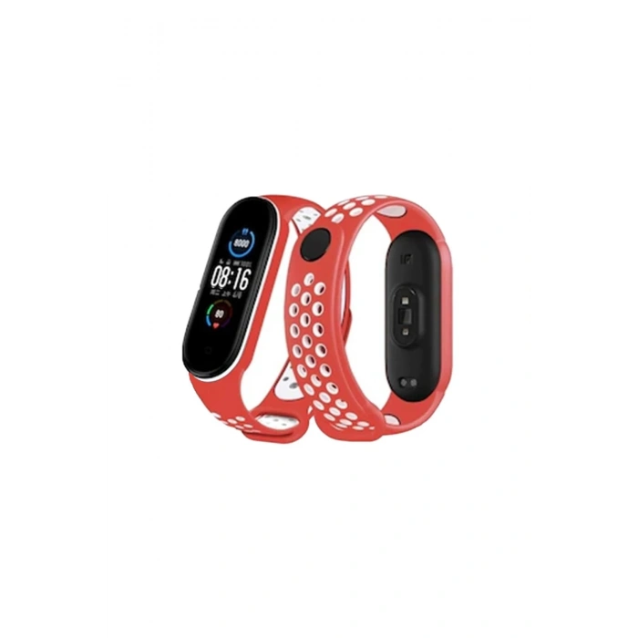 Xiaomi Mi Band 4 Spor Delikli Kordon - Kırmızı-Beyaz