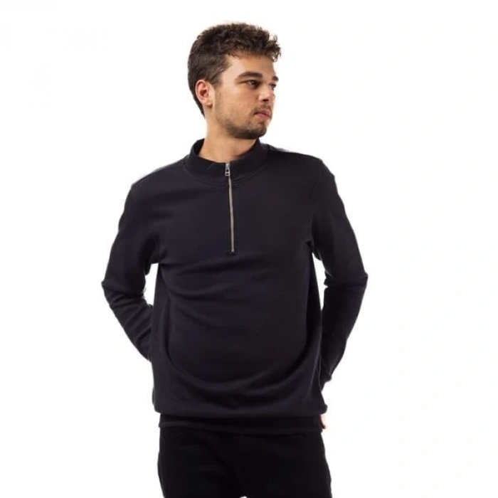 Yarım Fermuar Pike Kumaş Sweatshirt SIYAH