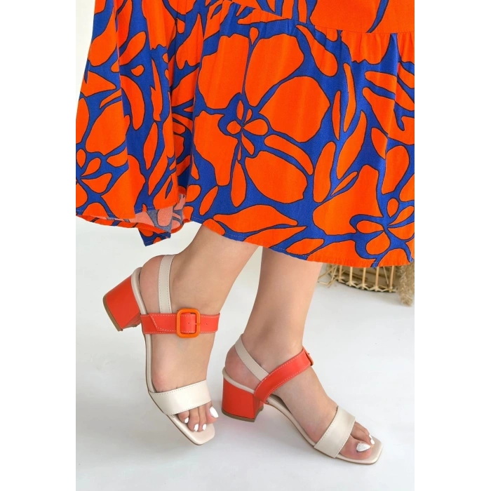 Year Bej Cilt Turuncu Detaylı Turuncu Topuklu Topuklu Ayakkabı