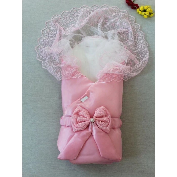 Yenidoğan Kumru İnci Fiyonk Kristal Parlak Duvaklı Kundak Bebek Battaniyesi Pembe