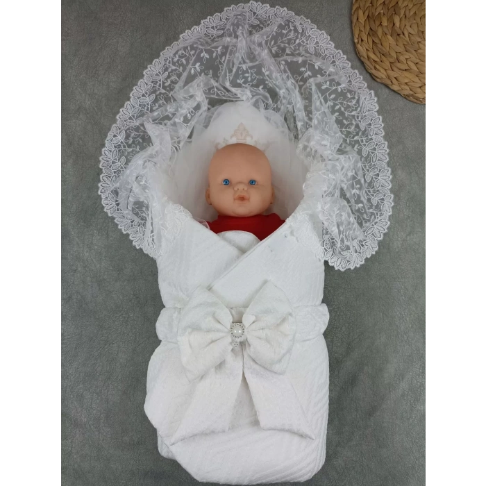Yenidoğan Kumru Plazma Taçlı Lüks Kundak Bebek Battaniyesi Ekru