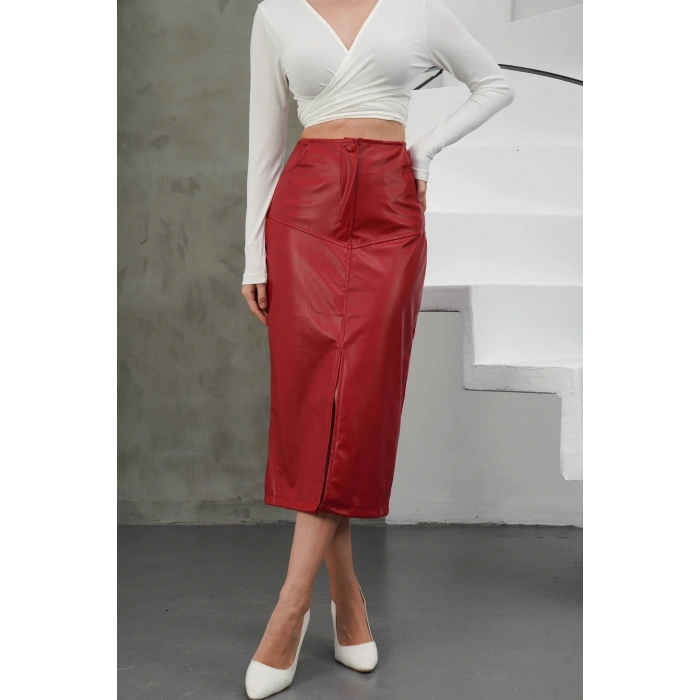 Yırtmaçlı uzun deri etek bordo