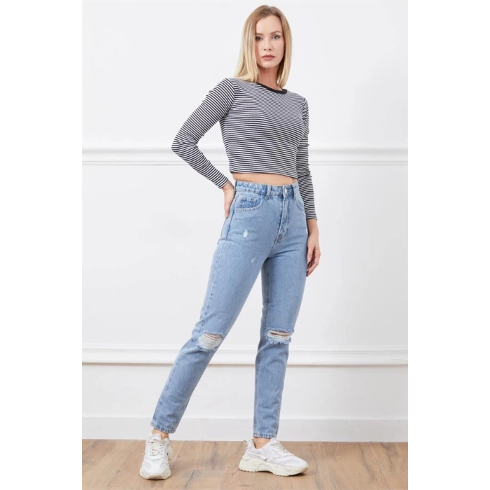 Yüksek bel yırtmaçlı mom jean pantolon