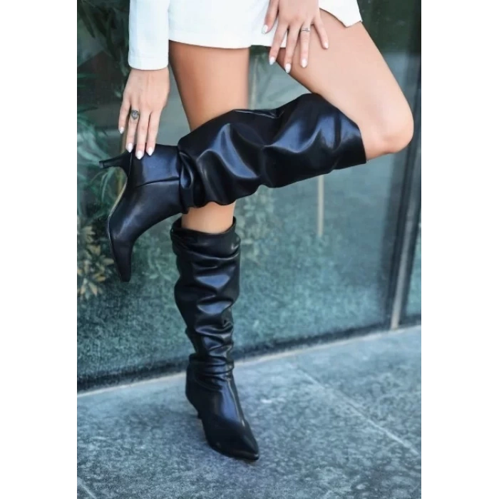 Zelya Siyah Cilt Topuklu Çizme