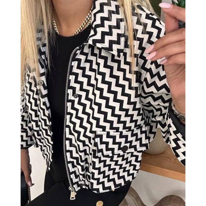 Zigzag Desenli Crop Kadın Ceket