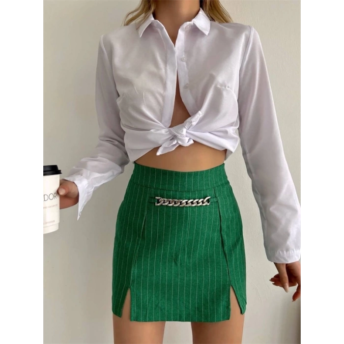 Zincir detaylı çizgili şort etek