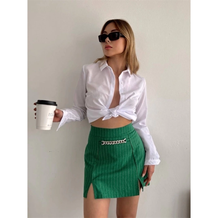 Zincir detaylı çizgili şort etek