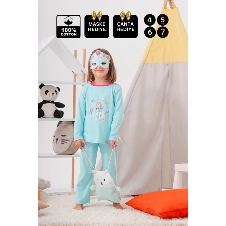 Deniz Kızı Desenli Çanta Ve Maskeli % 100 Pamuk Kız Çocuk Pijama Takımı