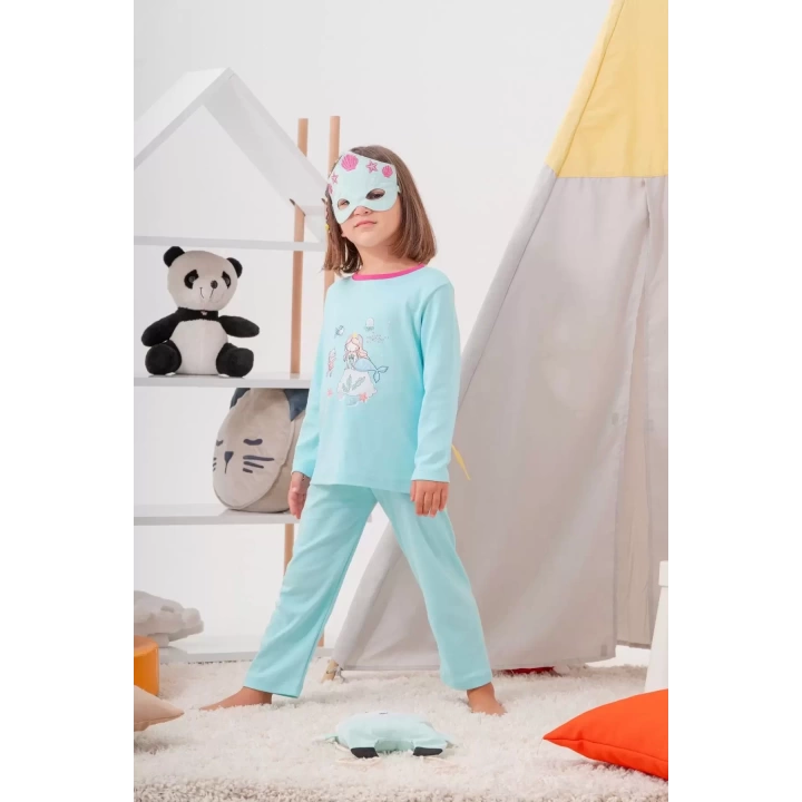 Deniz Kızı Desenli Çanta Ve Maskeli % 100 Pamuk Kız Çocuk Pijama Takımı