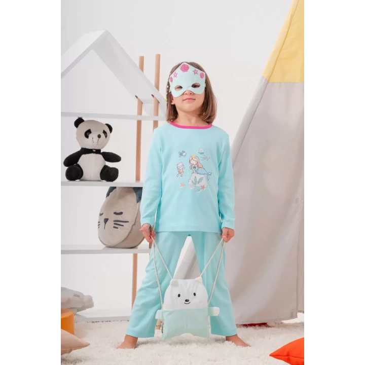 Deniz Kızı Desenli Çanta Ve Maskeli % 100 Pamuk Kız Çocuk Pijama Takımı