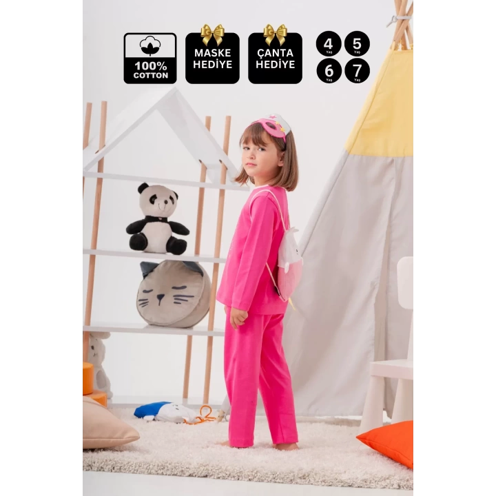 Heroıne Desenli Çanta Ve Maskeli % 100 Pamuk Kız Çocuk Pijama Takımı