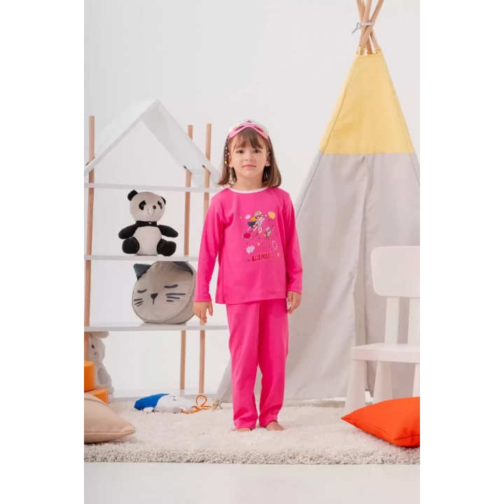 Heroıne Desenli Çanta Ve Maskeli % 100 Pamuk Kız Çocuk Pijama Takımı