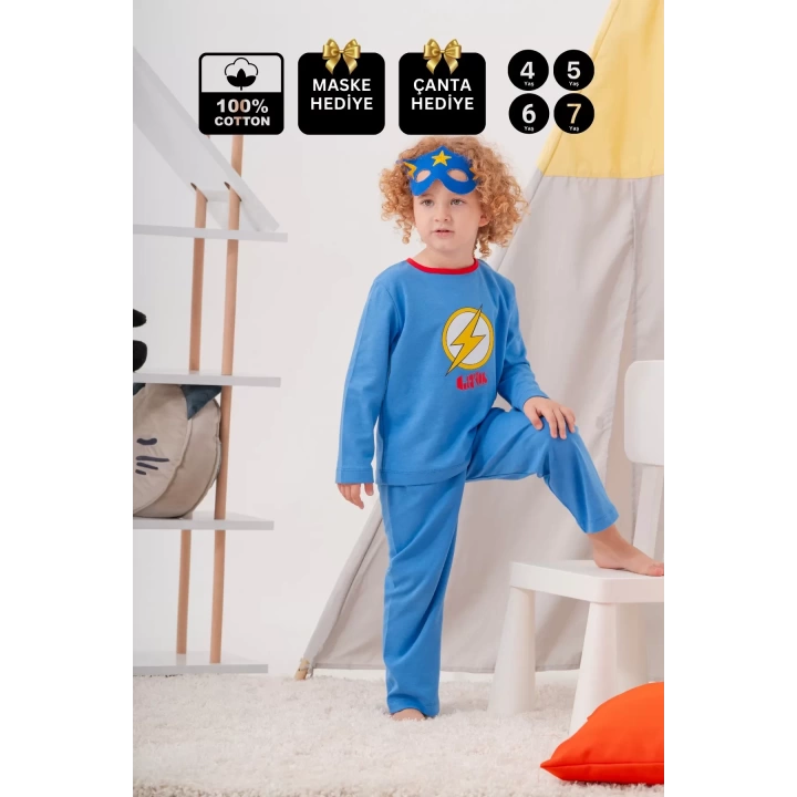 Heros Desenli Çanta Ve Maskeli % 100 Pamuk Erkek Çocuk Pijama Takımı