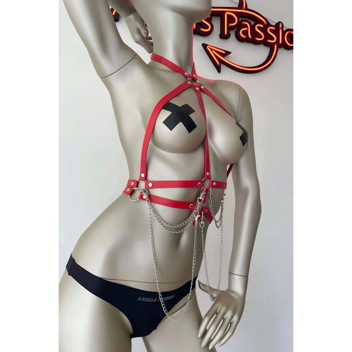 Kırmızı Ve Zincir Detaylı Şık Deri Harness - Brf3