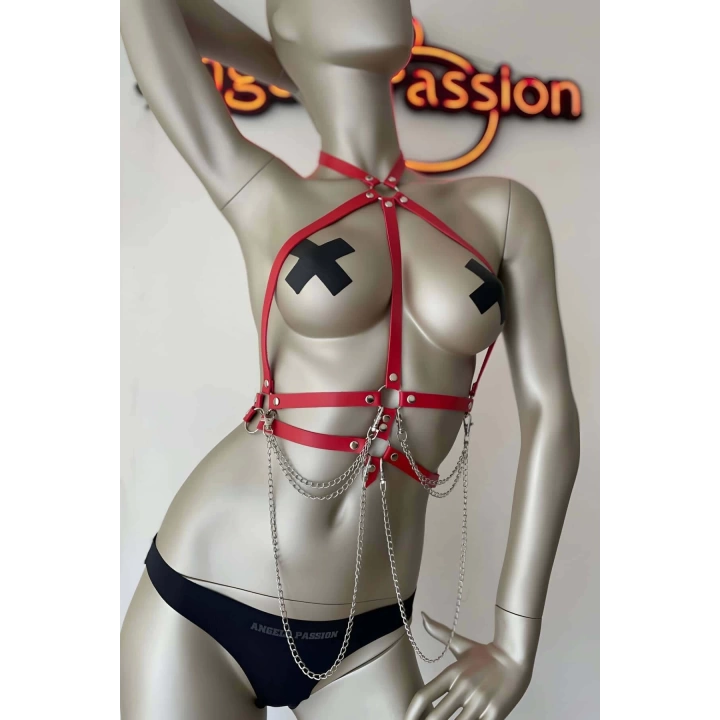 Kırmızı Ve Zincir Detaylı Şık Deri Harness - Brf3