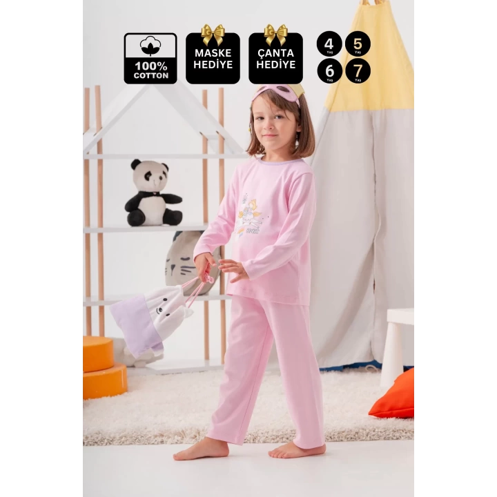 Unicorn Desenli Çanta Ve Maskeli % 100 Pamuk Kız Çocuk Pijama Takımı