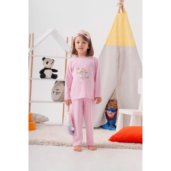 Unicorn Desenli Çanta Ve Maskeli % 100 Pamuk Kız Çocuk Pijama Takımı