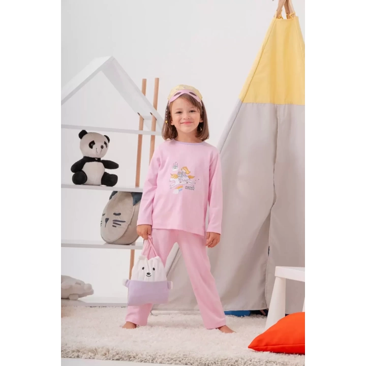 Unicorn Desenli Çanta Ve Maskeli % 100 Pamuk Kız Çocuk Pijama Takımı